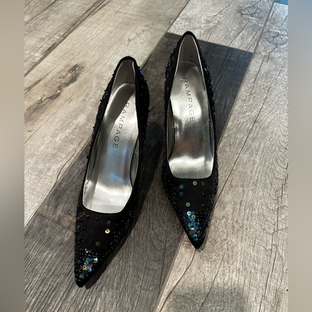 NWOT Rampage Gorgeous Black with Multicolor Sequin High Heel Pointed Shoes - Picture 4 of 17